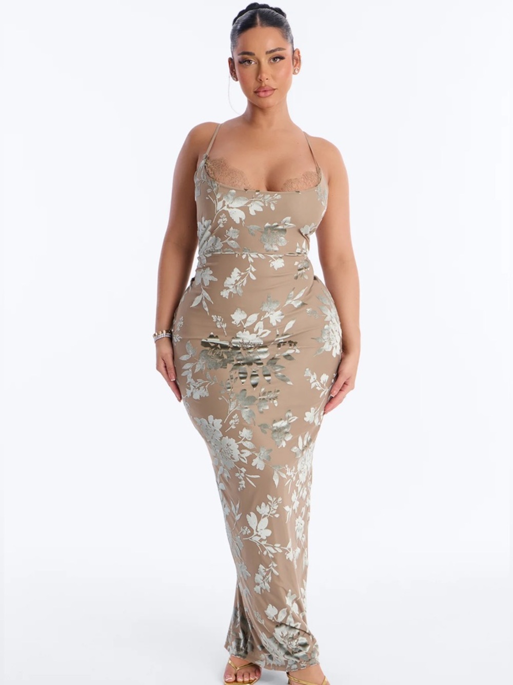 Fashion Nova Hey Lover Velvet Flocked Lace Sage Maxi Dress Size Medium Like New